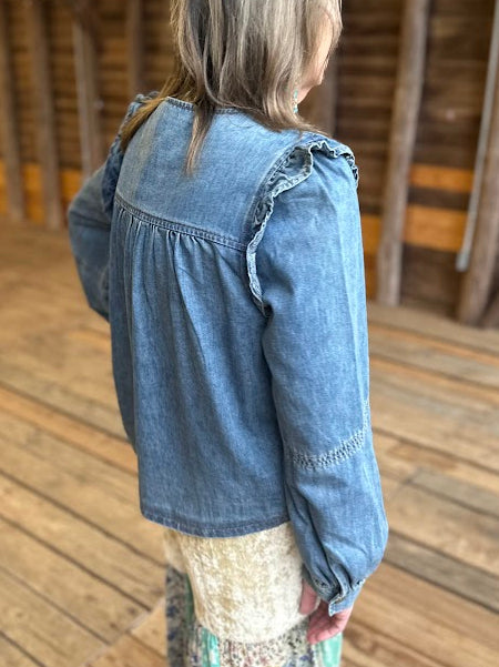 Pleated Ruffle Shoulder Denim Blouse