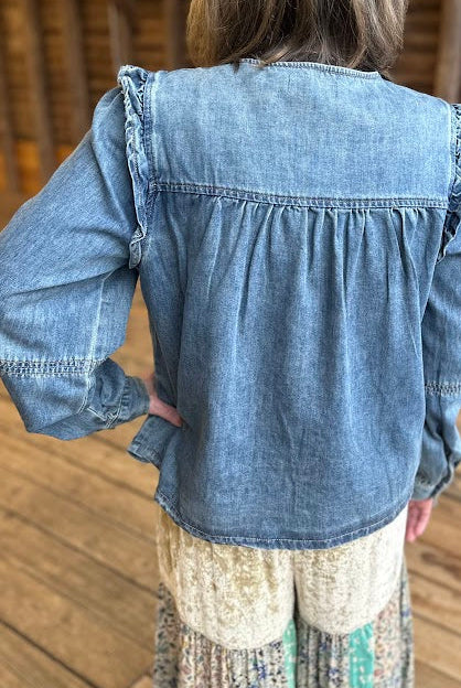 Pleated Ruffle Shoulder Denim Blouse