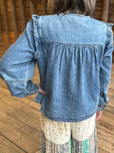 Pleated Ruffle Shoulder Denim Blouse