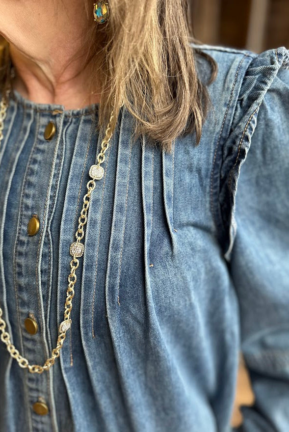 Pleated Ruffle Shoulder Denim Blouse