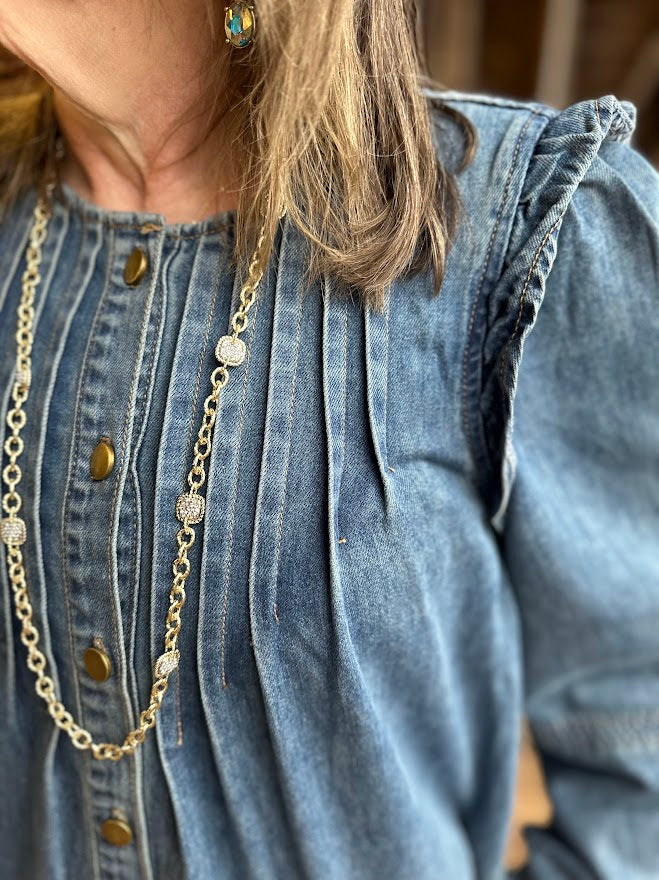 Pleated Ruffle Shoulder Denim Blouse