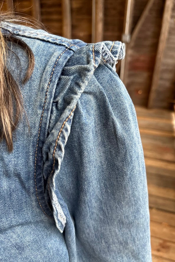 Pleated Ruffle Shoulder Denim Blouse