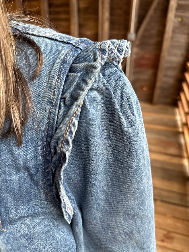 Pleated Ruffle Shoulder Denim Blouse