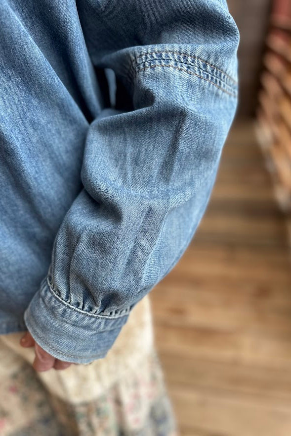 Pleated Ruffle Shoulder Denim Blouse