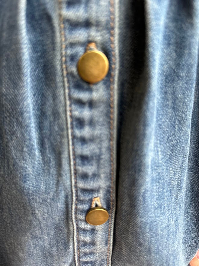 Pleated Ruffle Shoulder Denim Blouse