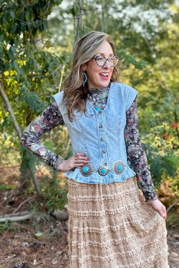Pleated Washed Denim Button-Front Vest