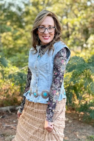 Pleated Washed Denim Button-Front Vest