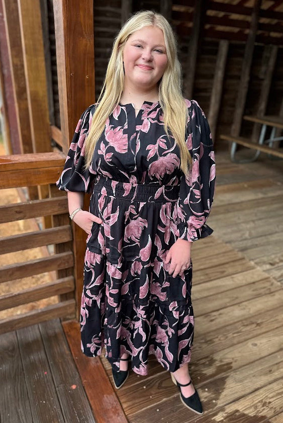 Plus Size Floral Tiered Midi Dress with Smocked Waist