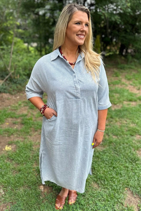 Powder Blue Stripe Midi Dress