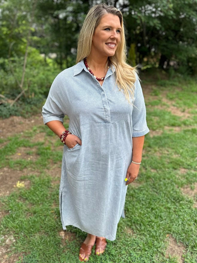 Powder Blue Stripe Midi Dress