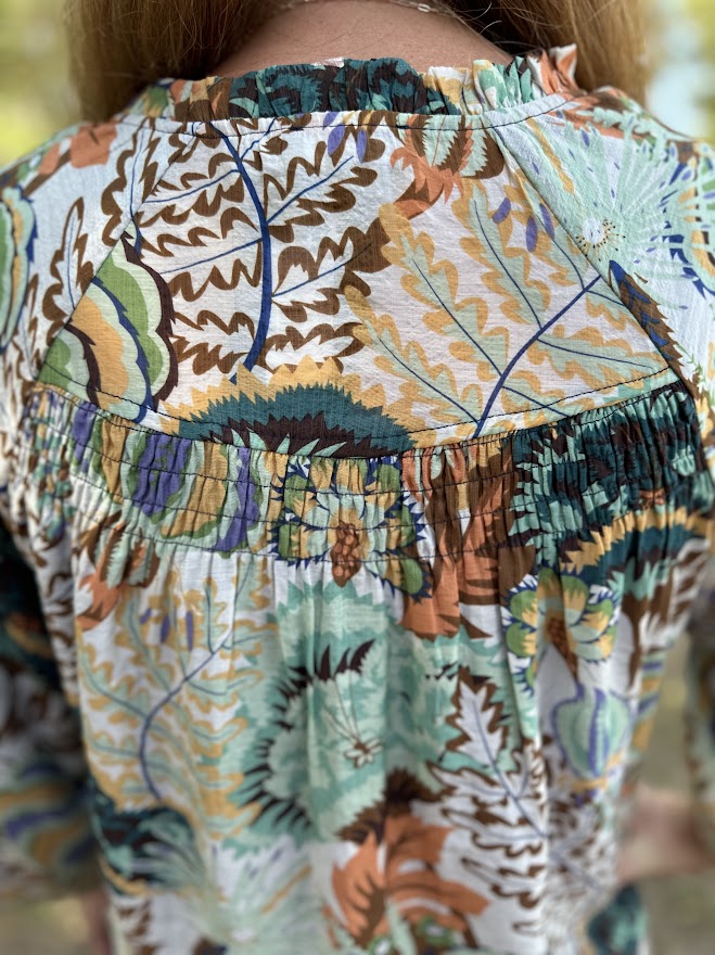 Printed Smocked Yoke Button Down Blouse