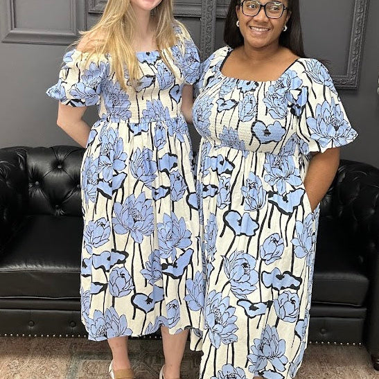 floral midi dress, puff sleeve dress, smocked midi dress, boutique floral dress, women’s midi dress, cotton floral dress