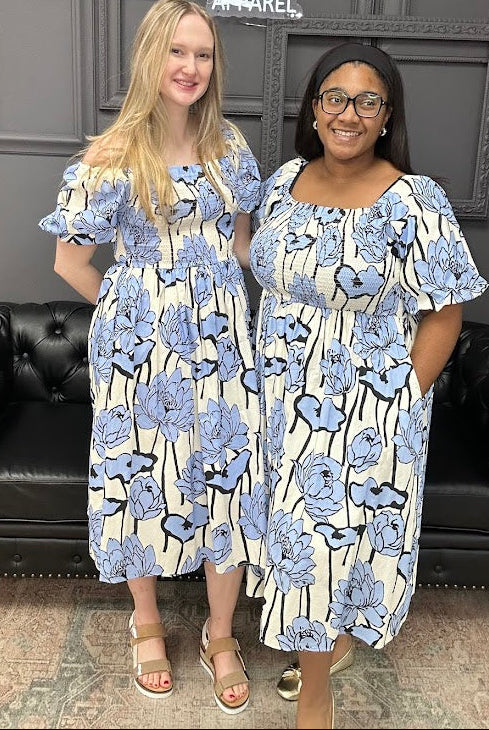 floral midi dress, puff sleeve dress, smocked midi dress, boutique floral dress, women’s midi dress, cotton floral dress