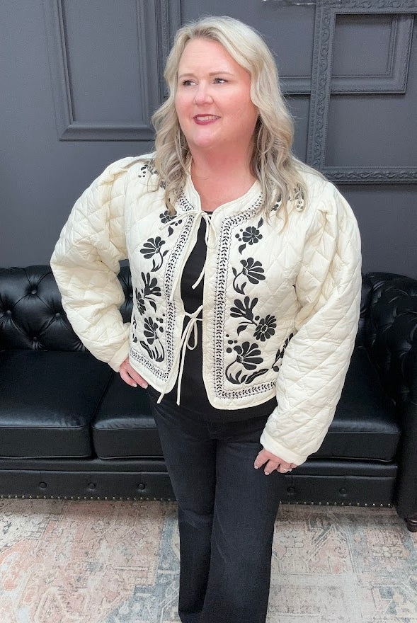 quilted jacket, embroidered jacket, floral quilted coat, cream tie-front jacket, boho fall jacket, boutique outerwear, embroidered outerwear, black and cream jacket, artisan jacket, fall layering piece