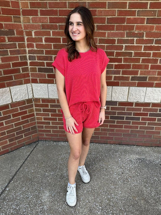 Raised Rib Cap Sleeve Top & Drawstring Shorts Lounge Set