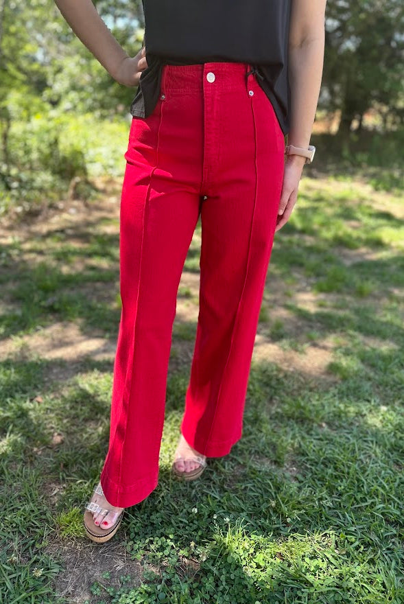 Red High Rise Wide Leg Ankle Pants