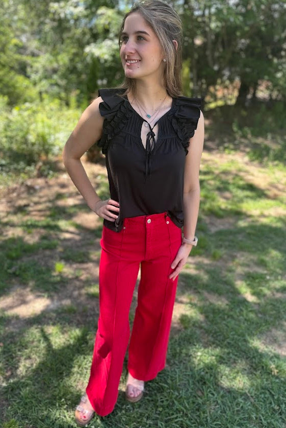 Red High Rise Wide Leg Ankle Pants
