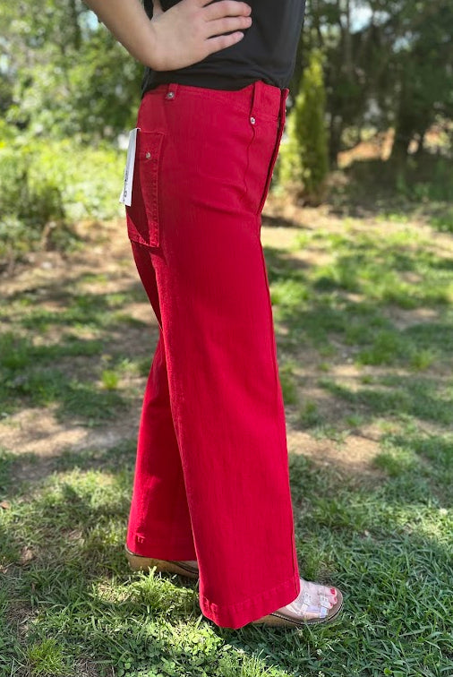 Red High Rise Wide Leg Ankle Pants