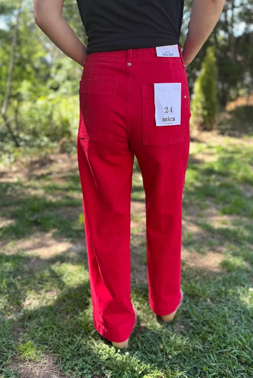 Red High Rise Wide Leg Ankle Pants