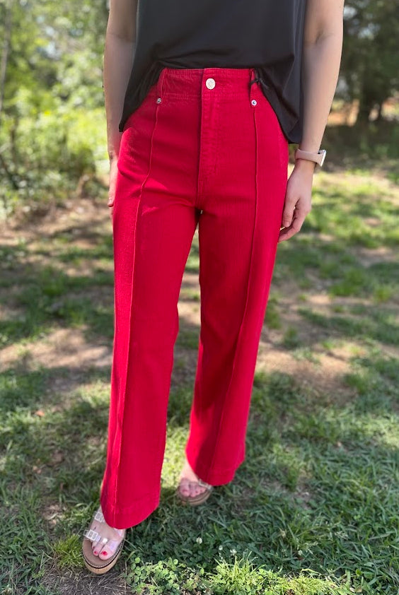 Red High Rise Wide Leg Ankle Pants