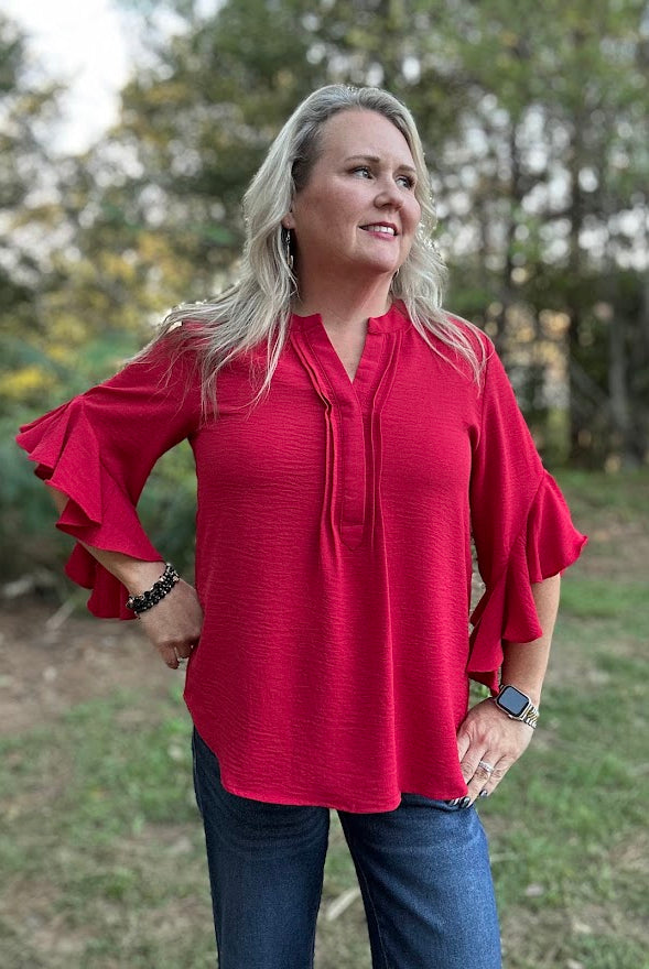 Red Ruffled Bell Sleeve Blouse with Pleated Detail