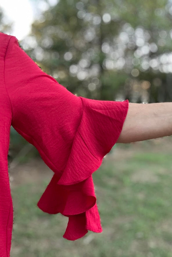 Red Ruffled Bell Sleeve Blouse with Pleated Detail