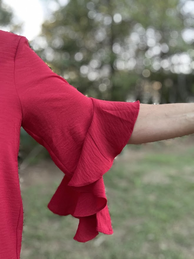 Red Ruffled Bell Sleeve Blouse with Pleated Detail