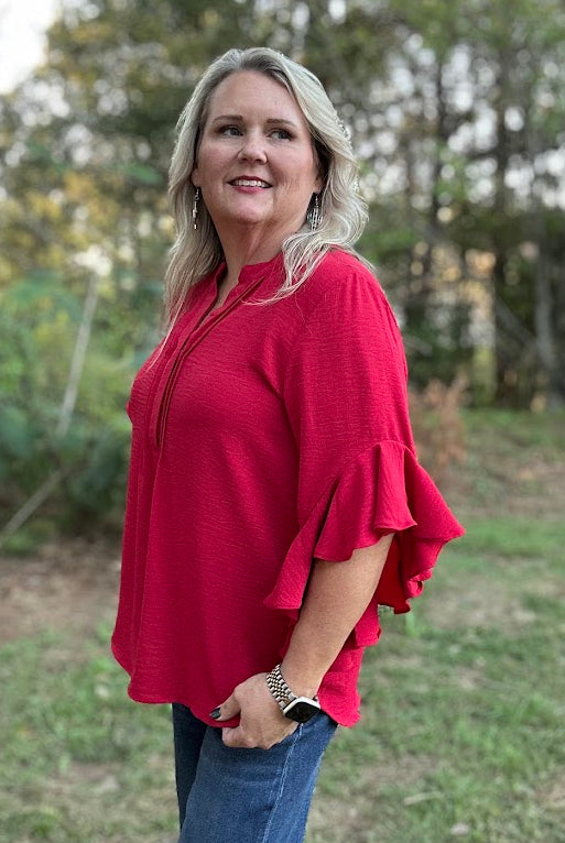 Red Ruffled Bell Sleeve Blouse with Pleated Detail