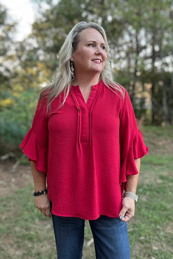 Red Ruffled Bell Sleeve Blouse with Pleated Detail