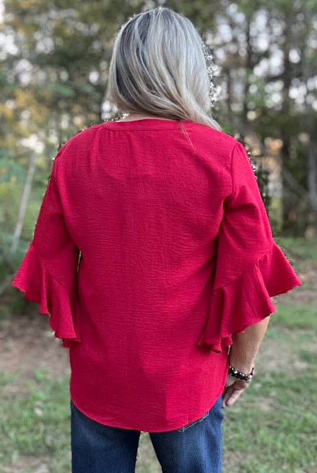 Red Ruffled Bell Sleeve Blouse with Pleated Detail