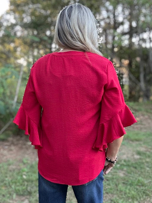 Red Ruffled Bell Sleeve Blouse with Pleated Detail