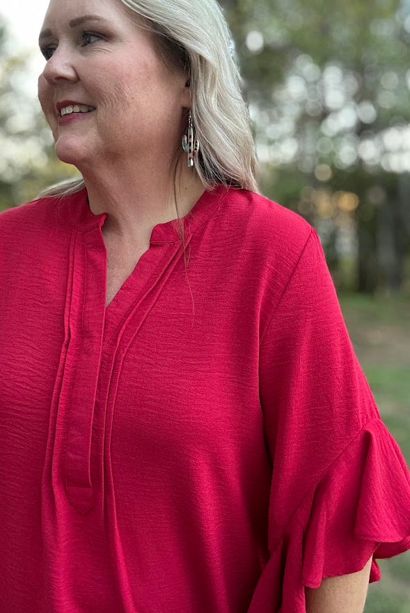 Red Ruffled Bell Sleeve Blouse with Pleated Detail