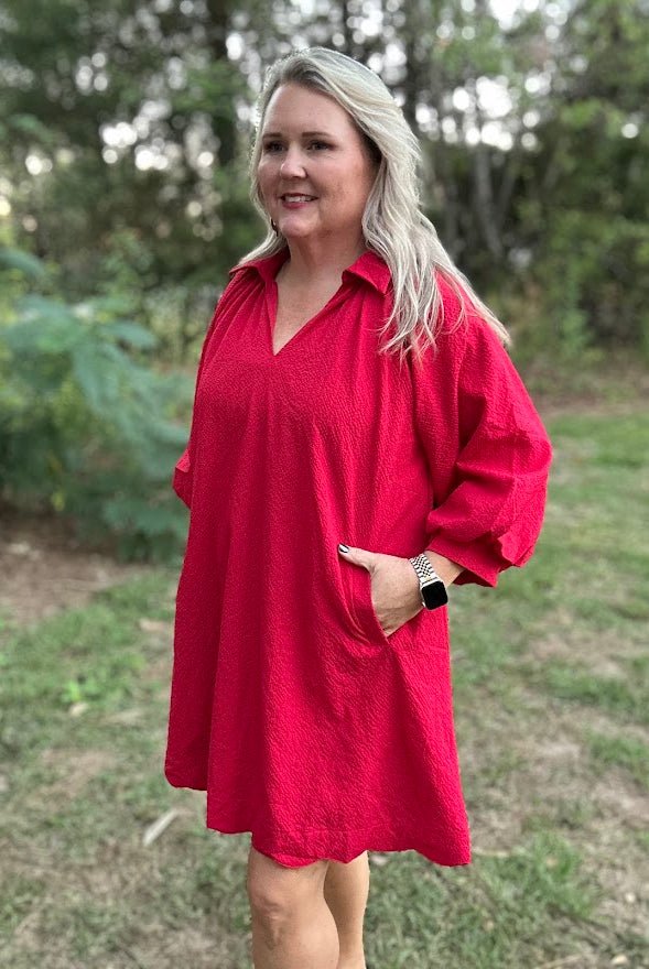Red Scalloped Hem Shift Dress with Puff Sleeves