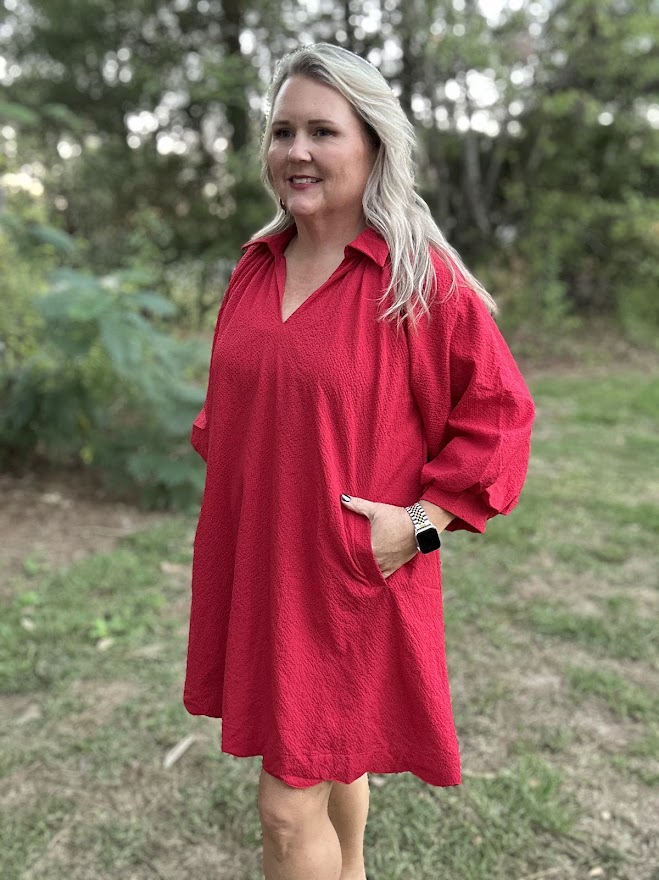 Red Scalloped Hem Shift Dress with Puff Sleeves