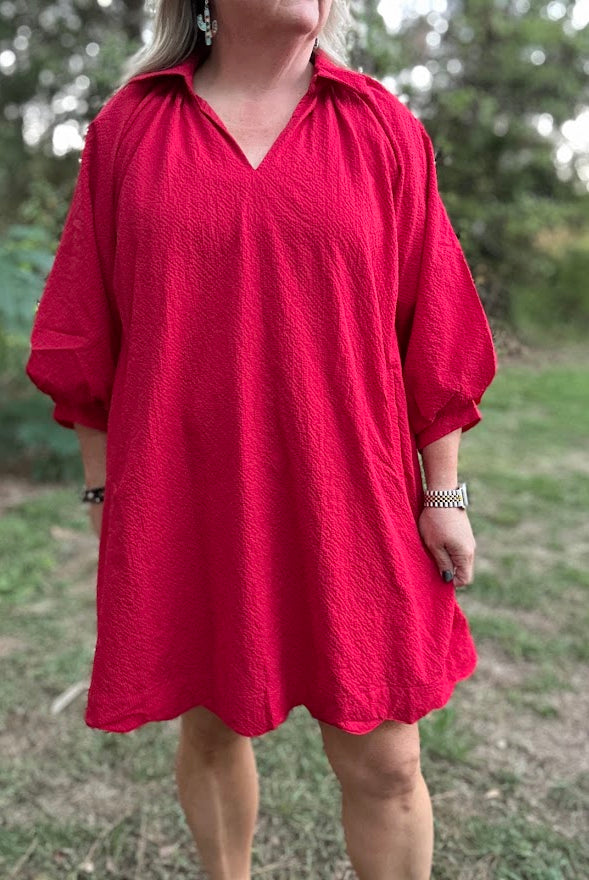 Red Scalloped Hem Shift Dress with Puff Sleeves