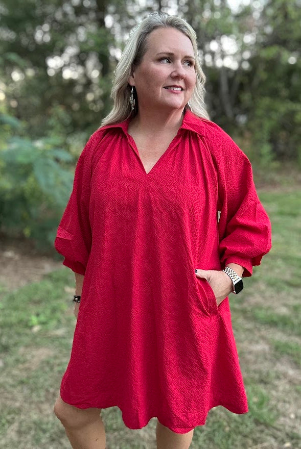 Red Scalloped Hem Shift Dress with Puff Sleeves