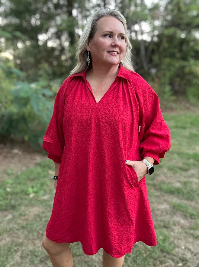 Red Scalloped Hem Shift Dress with Puff Sleeves