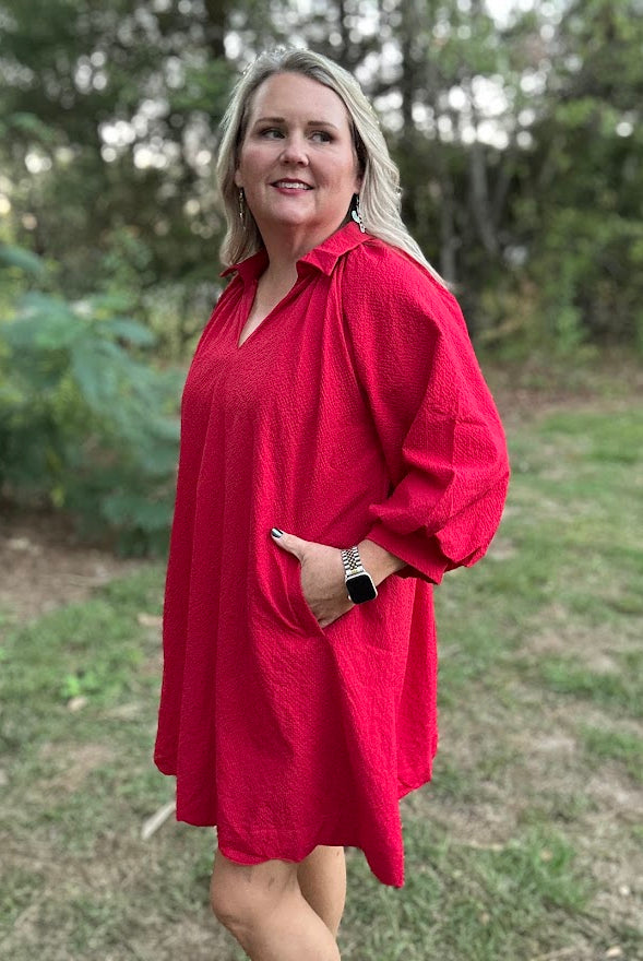 Red Scalloped Hem Shift Dress with Puff Sleeves