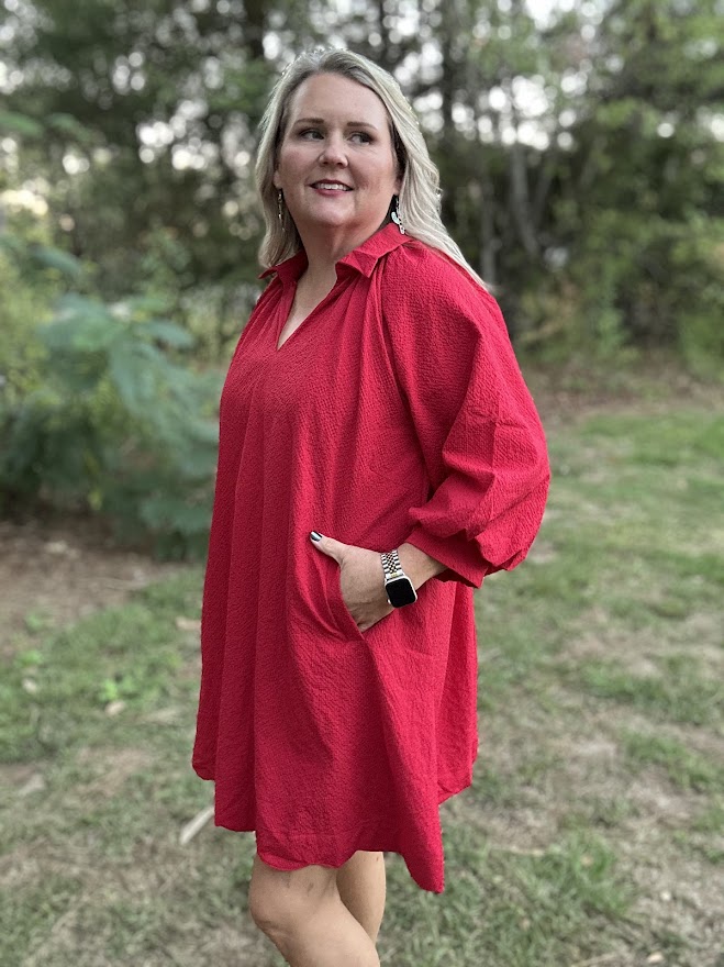 Red Scalloped Hem Shift Dress with Puff Sleeves