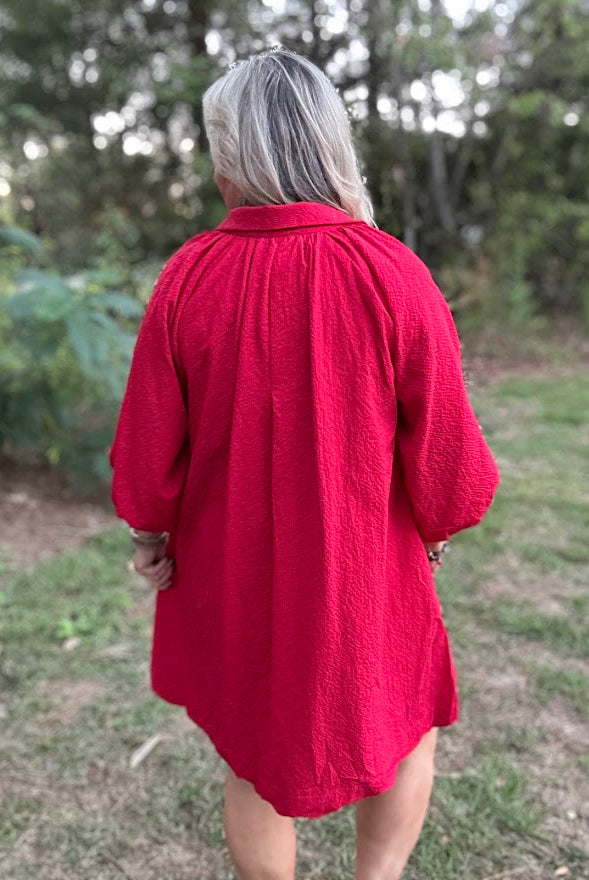 Red Scalloped Hem Shift Dress with Puff Sleeves