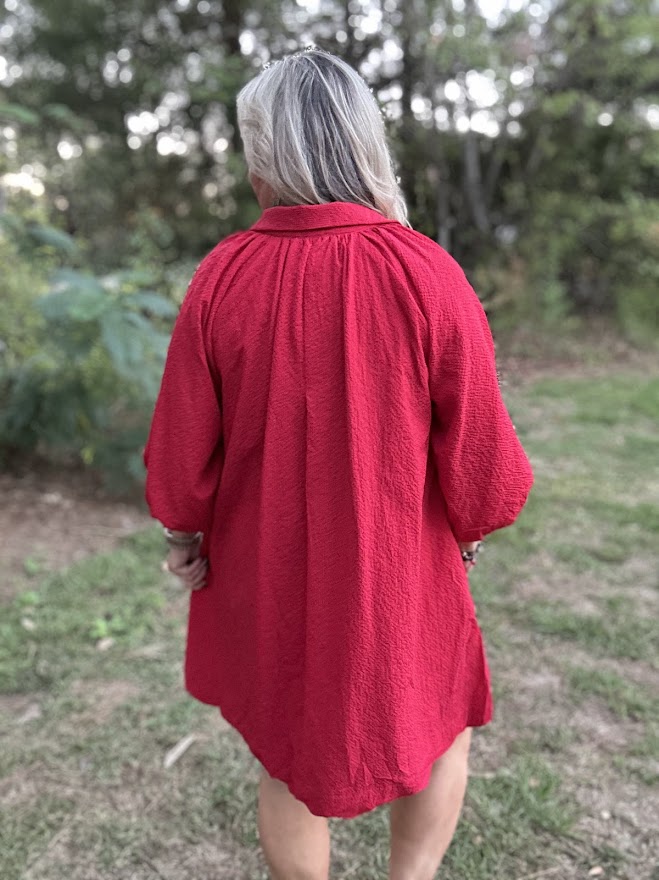 Red Scalloped Hem Shift Dress with Puff Sleeves