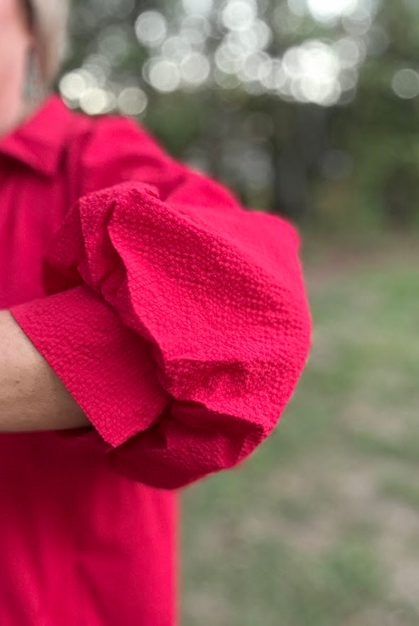 Red Scalloped Hem Shift Dress with Puff Sleeves