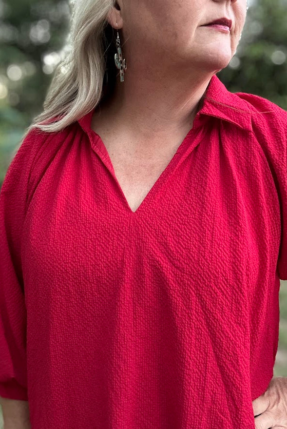 Red Scalloped Hem Shift Dress with Puff Sleeves