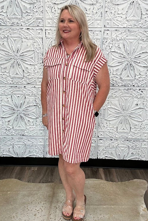 Red Stripe Button Front Mini Dress