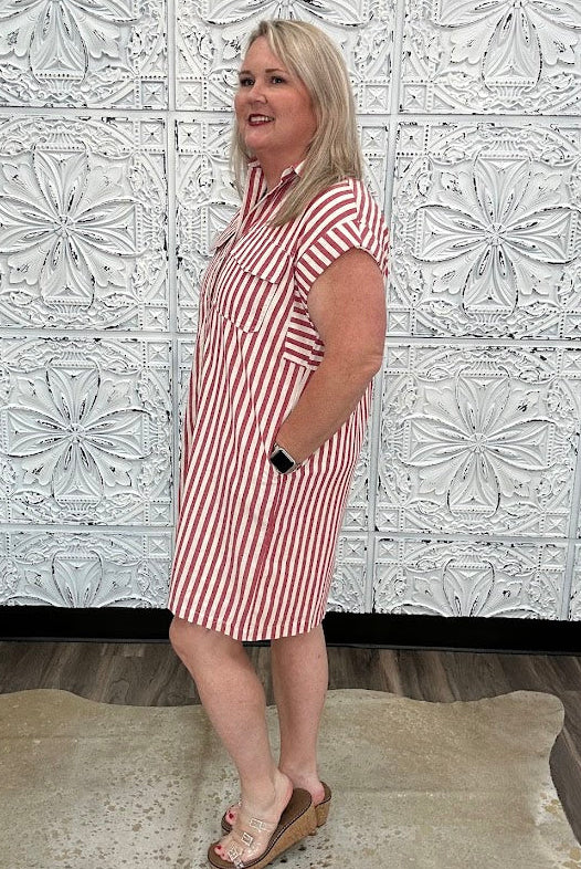 Red Stripe Button Front Mini Dress