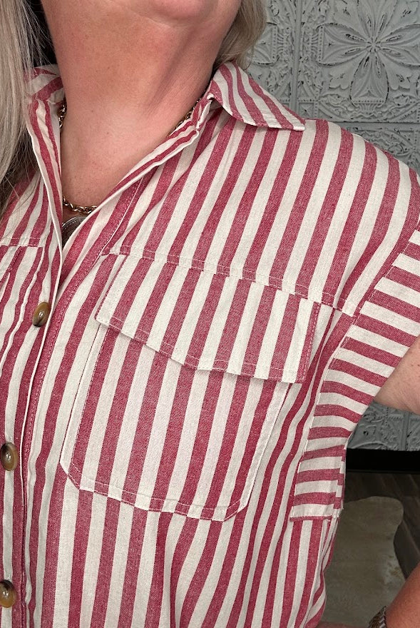 Red Stripe Button Front Mini Dress