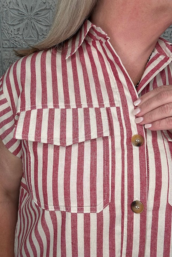 Red Stripe Button Front Mini Dress