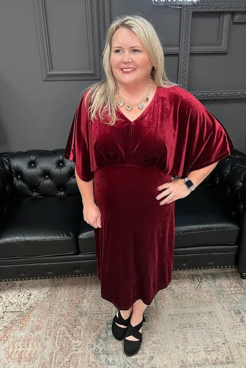 velvet midi dress, kimono sleeve dress, v-neck velvet dress, holiday party dress, red velvet dress, winter wedding dress, elegant midi dress, Gypsy River dress, stretchy velvet dress, special occasion dress