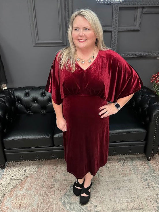 velvet midi dress, kimono sleeve dress, v-neck velvet dress, holiday party dress, red velvet dress, winter wedding dress, elegant midi dress, Gypsy River dress, stretchy velvet dress, special occasion dress