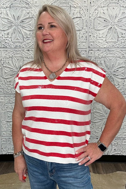 Red & White Sequin Stripe V-Neck Sweater Vest